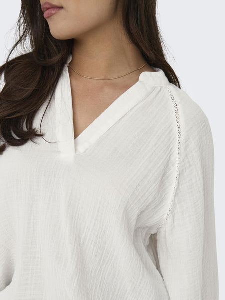 Only V-Neck Long Sleeve Cotton Top in White
