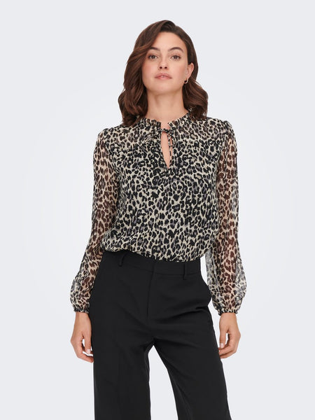 ONLY Leopard Print Tie Neck Blouse in Black