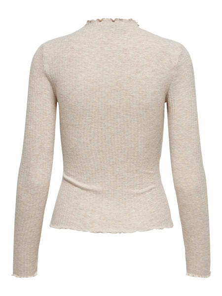 ONLY Ribbed Long Sleeve High Neck Top in Beige