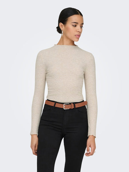 ONLY Ribbed Long Sleeve High Neck Top in Beige