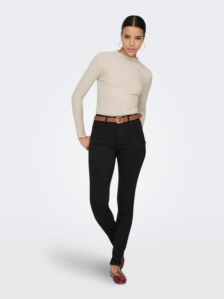ONLY Ribbed Long Sleeve High Neck Top in Beige