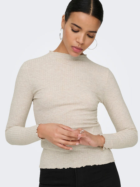 ONLY Ribbed Long Sleeve High Neck Top in Beige