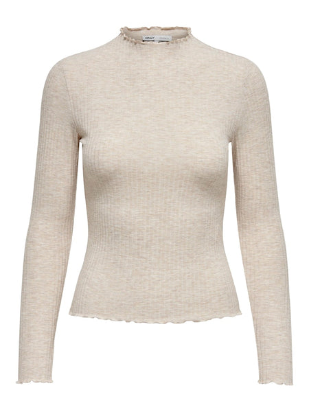 ONLY Ribbed Long Sleeve High Neck Top in Beige