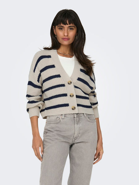 Only Striped Short Button Cardigan in Beige