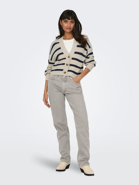 Only Striped Short Button Cardigan in Beige