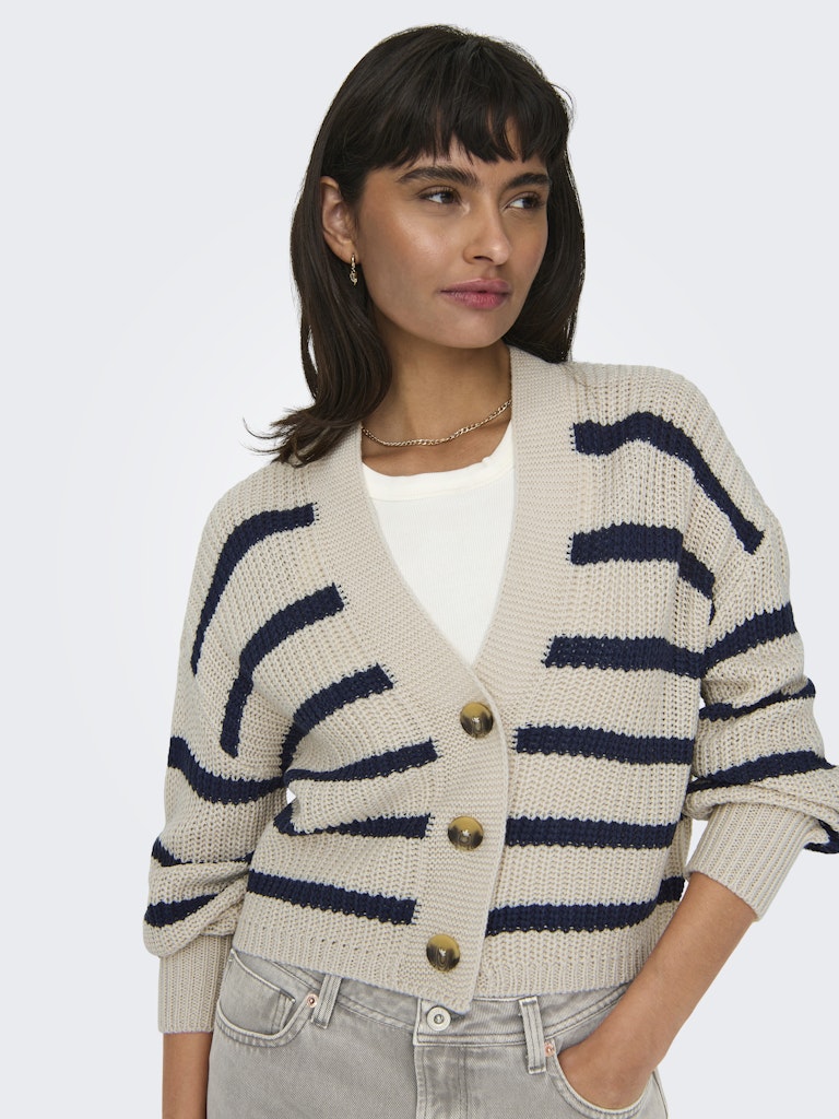 Only Striped Short Button Cardigan in Beige