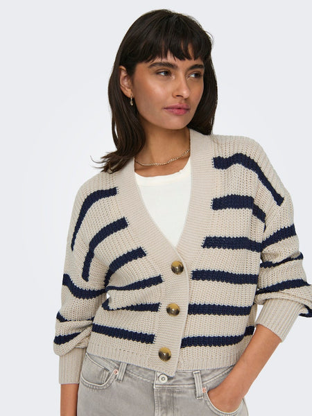 Only Striped Short Button Cardigan in Beige