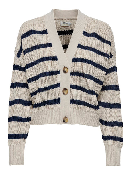 Only Striped Short Button Cardigan in Beige