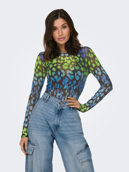 Only Leopard Print O-Neck Mesh Top in Blue