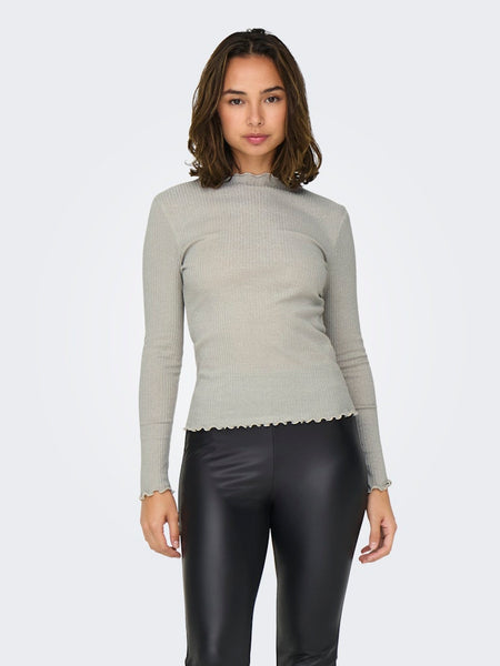 Only Ribbed Long Sleeve Lurex Top in Beige