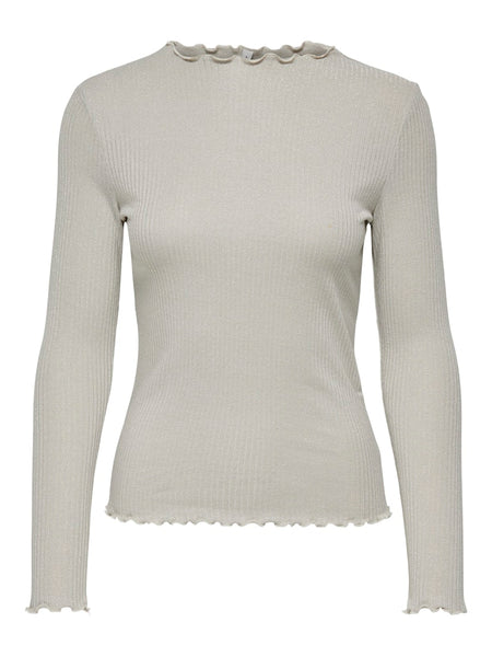 Only Ribbed Long Sleeve Lurex Top in Beige