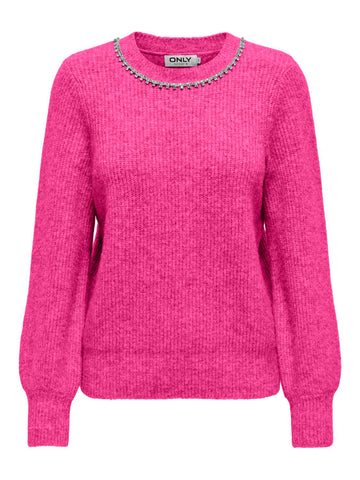 Only Knitted O-Neck Jumper With Rhinestone Detail in Pink