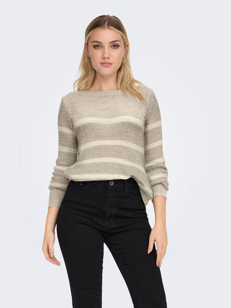 Only Striped Long Sleeve Knitted Top in Taupe