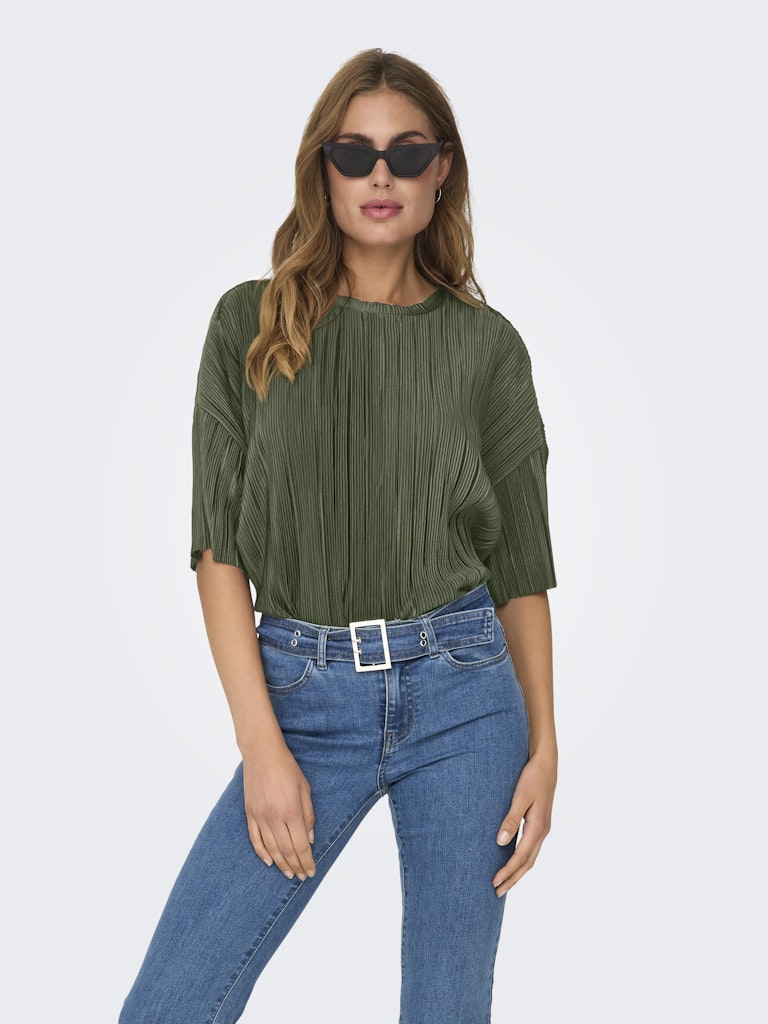 ONLY Short Sleeve Plisse Top in Green