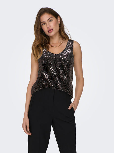 Only Sleeveless Sequin V-Neck Top in Brown