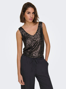 Only Sleeveless Sequin V-Neck Top in Brown