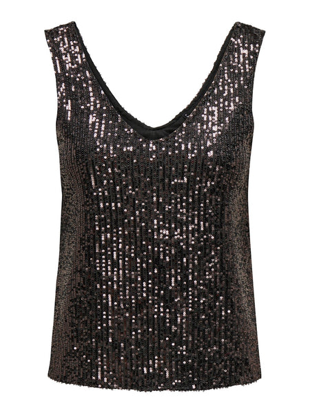 Only Sleeveless Sequin V-Neck Top in Brown