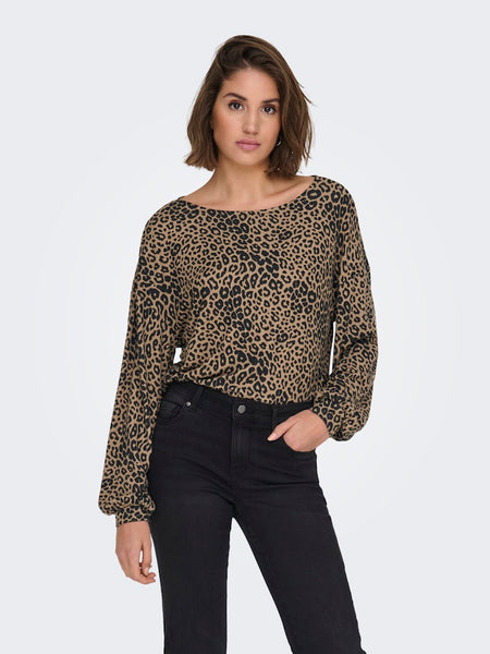 Only Leopard Print Boat Neck Top in Brown