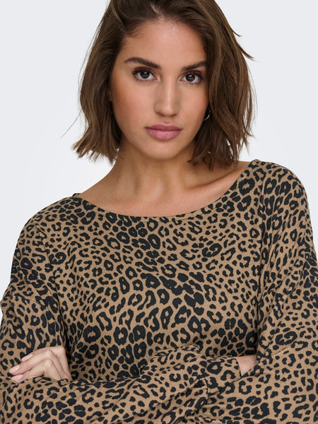 Only Leopard Print Boat Neck Top in Brown