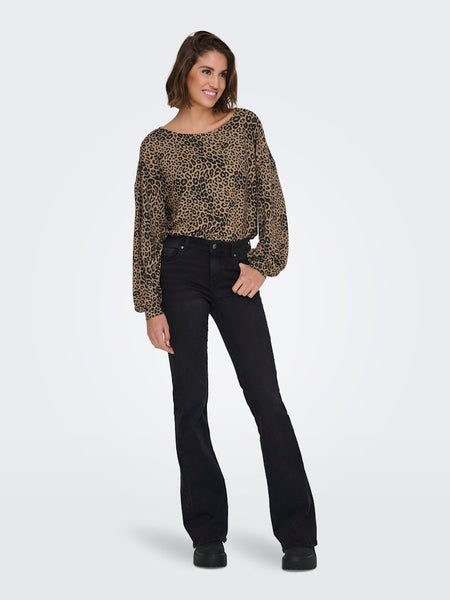 Only Leopard Print Boat Neck Top in Brown