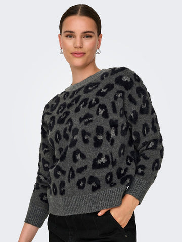 Only Leopard Print Glitter Detail Jumper in Grey