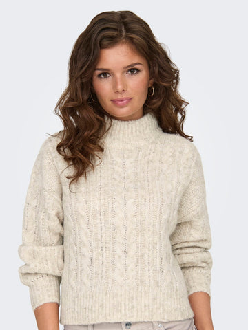 Only Cable Knit High Neck Jumper in Beige