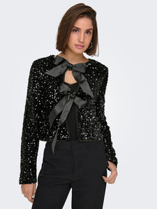 Only Long Sleeve Sequin Bow Top in Black