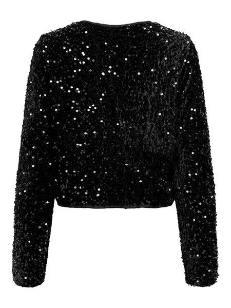 Only Long Sleeve Sequin Bow Top in Black