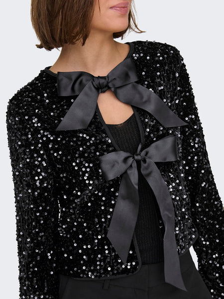 Only Long Sleeve Sequin Bow Top in Black