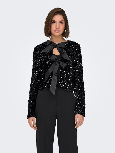 Only Long Sleeve Sequin Bow Top in Black