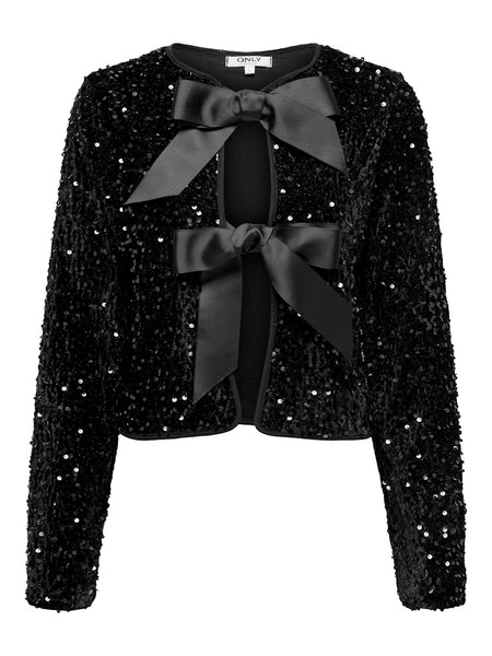 Only Long Sleeve Sequin Bow Top in Black