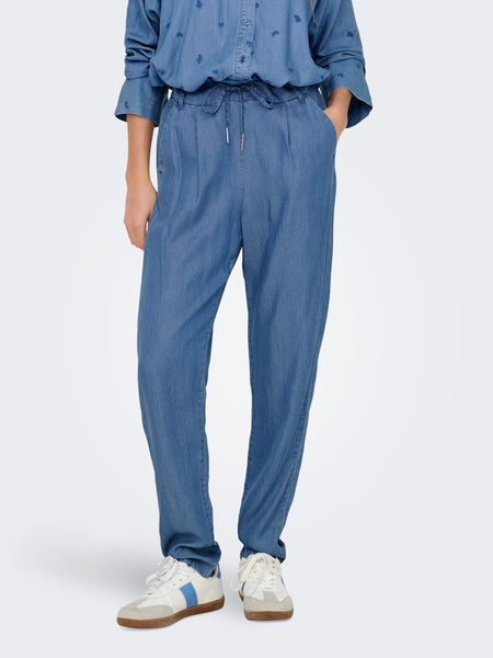 ONLY Straight Leg Denim Look Trousers in Medium Blue
