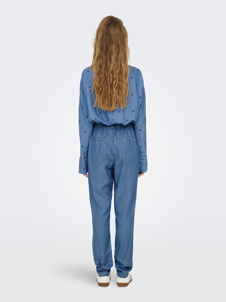 ONLY Straight Leg Denim Look Trousers in Medium Blue