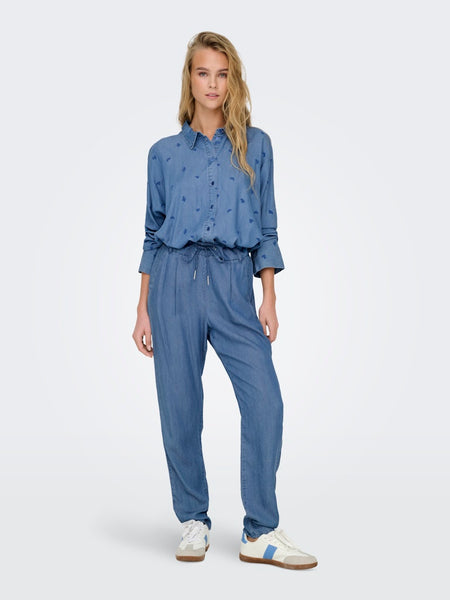 ONLY Straight Leg Denim Look Trousers in Medium Blue