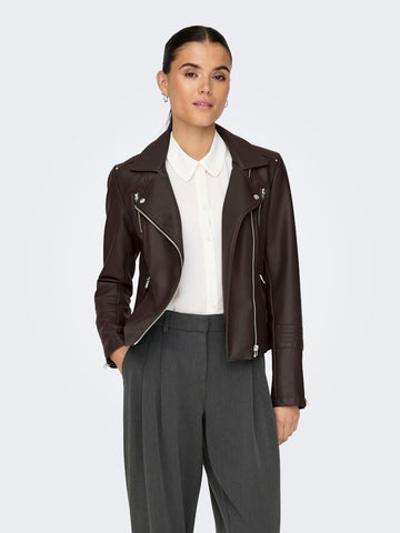 ONLY Faux Leather Biker Jacket in Chocolate