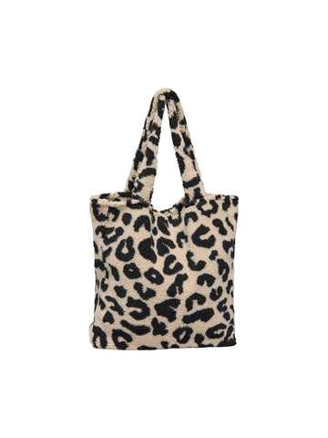 ONLY Leopard Print Teddy Shopper Bag in Beige