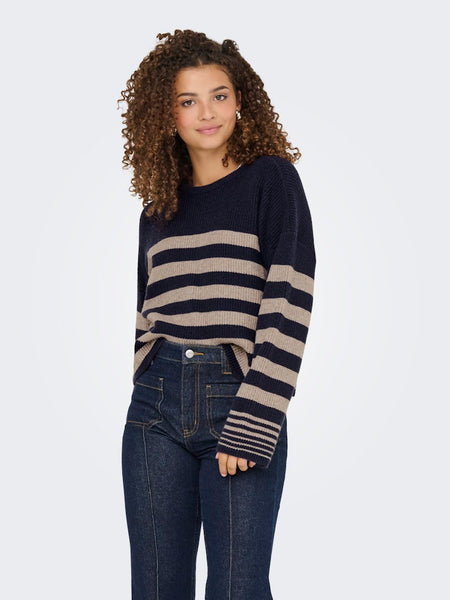 ONLY Striped O-Neck Ribbed Jumper in Navy