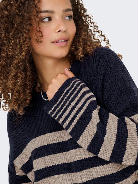 ONLY Striped O-Neck Ribbed Jumper in Navy