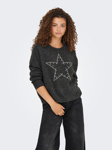 ONLY Knitted Rhinestone Star Jumper in Grey