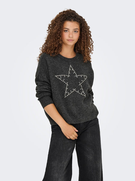 ONLY Knitted Rhinestone Star Jumper in Grey