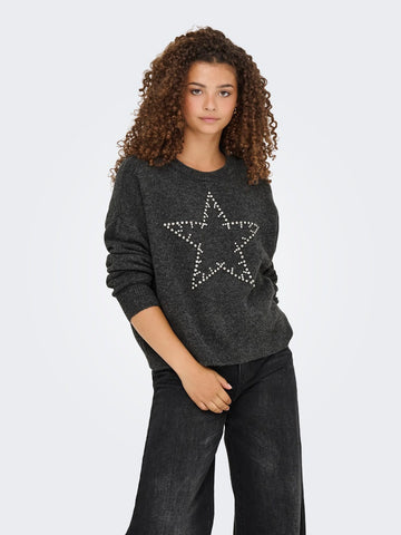 ONLY Knitted Rhinestone Star Jumper in Grey