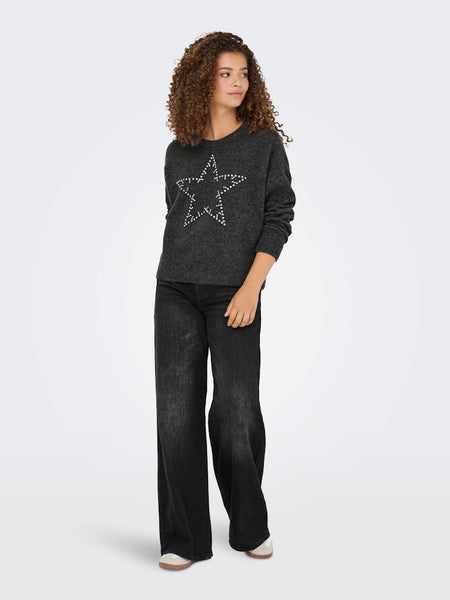 ONLY Knitted Rhinestone Star Jumper in Grey