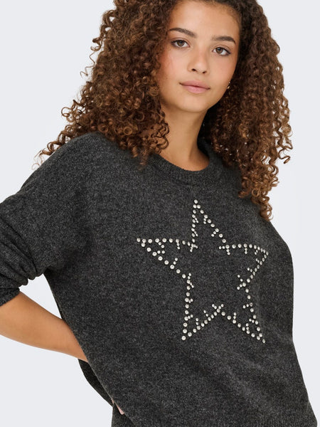 ONLY Knitted Rhinestone Star Jumper in Grey