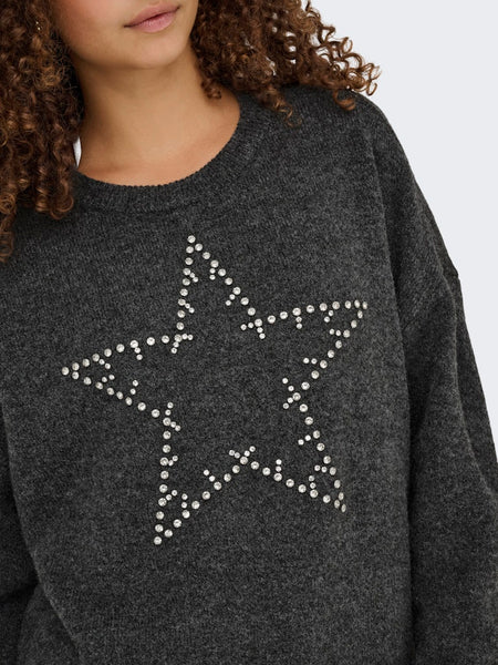 ONLY Knitted Rhinestone Star Jumper in Grey