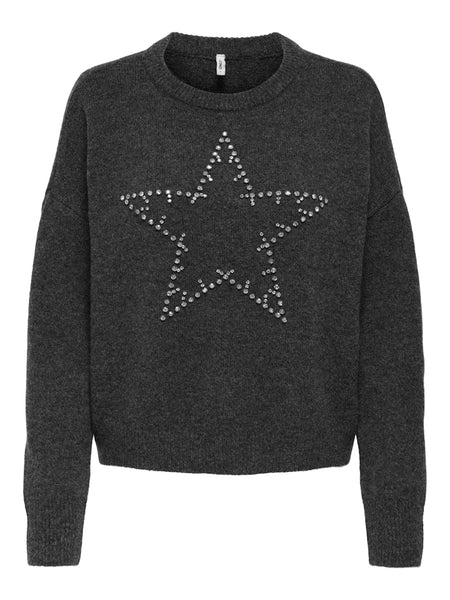 ONLY Knitted Rhinestone Star Jumper in Grey