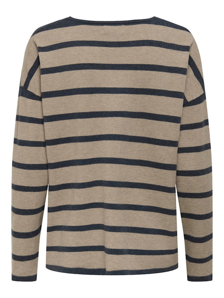 ONLY Striped Oversized V-Neck Knit Top in Beige