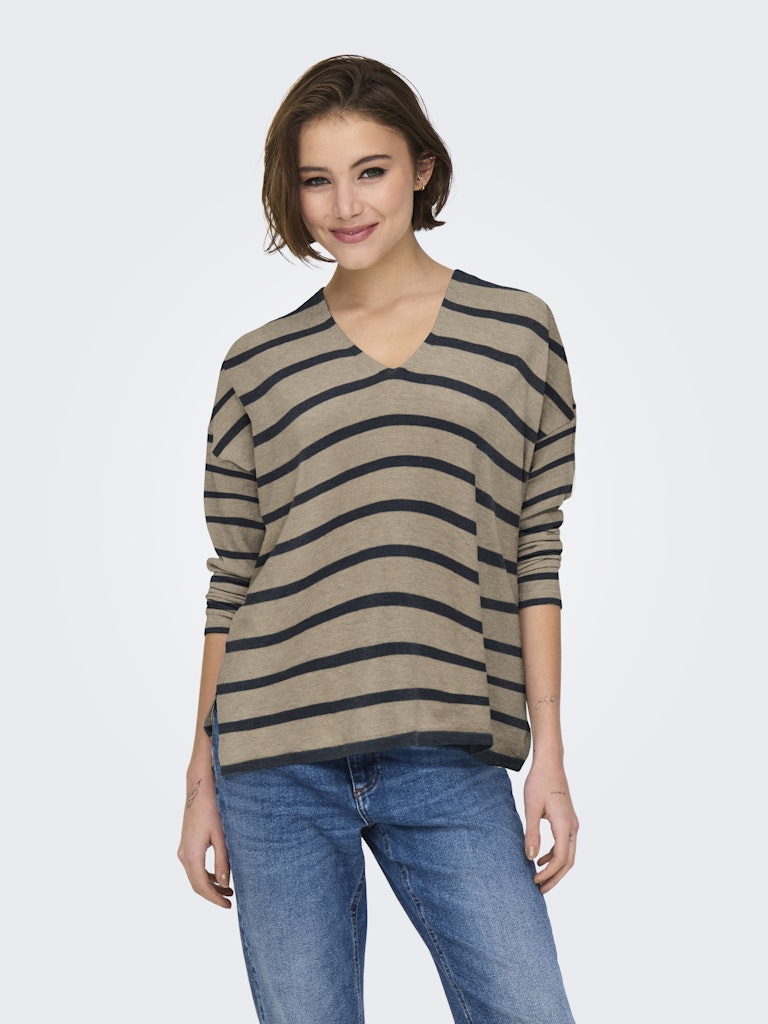 ONLY Striped Oversized V-Neck Knit Top in Beige