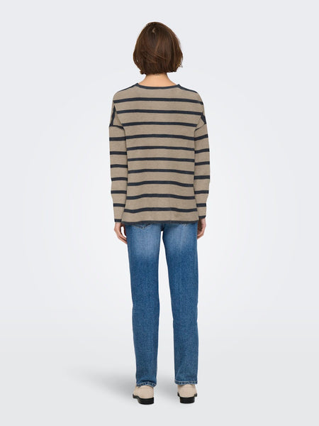 ONLY Striped Oversized V-Neck Knit Top in Beige