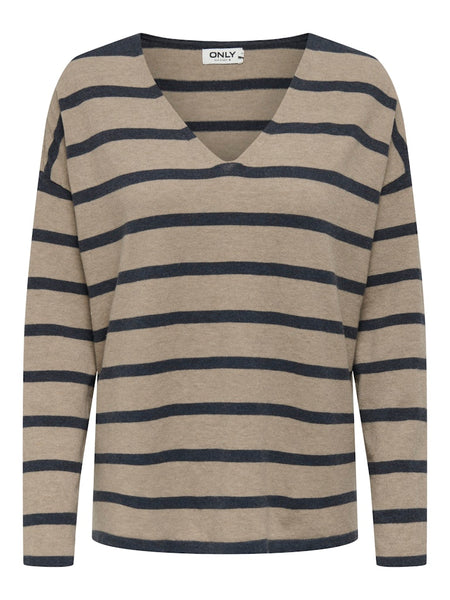 ONLY Striped Oversized V-Neck Knit Top in Beige
