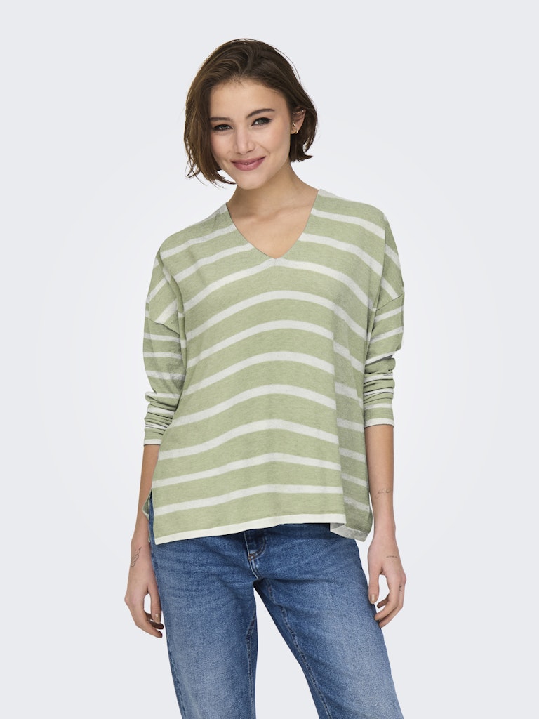 ONLY Striped Oversized V-Neck Knit Top in Green